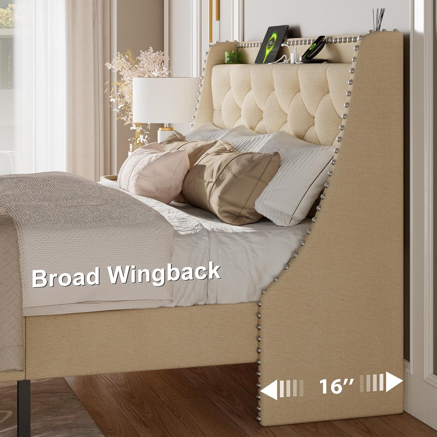 Feonase Full Size Bed Frame with Luxury Wingback and Fast Charging Station,Full Upholstered Button Tufted Storage Headboard Platform Bed, Sturdy Wooden Slats Support, Noise-Free, Easy Assembly, Beige