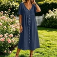 thumbnail image 6 of Ovbmpzd Button-Down Womens Summer Dresses Plain Linen Loose Navy Shift Smocked Maxi V-Neck Summer&nbsp;Dresses&nbsp;for Women,XXL, 6 of 6