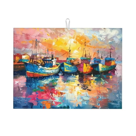 

Dish Drying Mat Colorful Fishing Boats Highly Absorbent Microfiber Drying Mat Kitchen Counter or Sink Drawer Liner 16x18 Kitchen Drying Mat Coffee Mat Kitchen Essentials