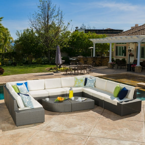 Keyston 12 Piece Outdoor Wicker Sectional Sofa Set with Cushions, Gray, White