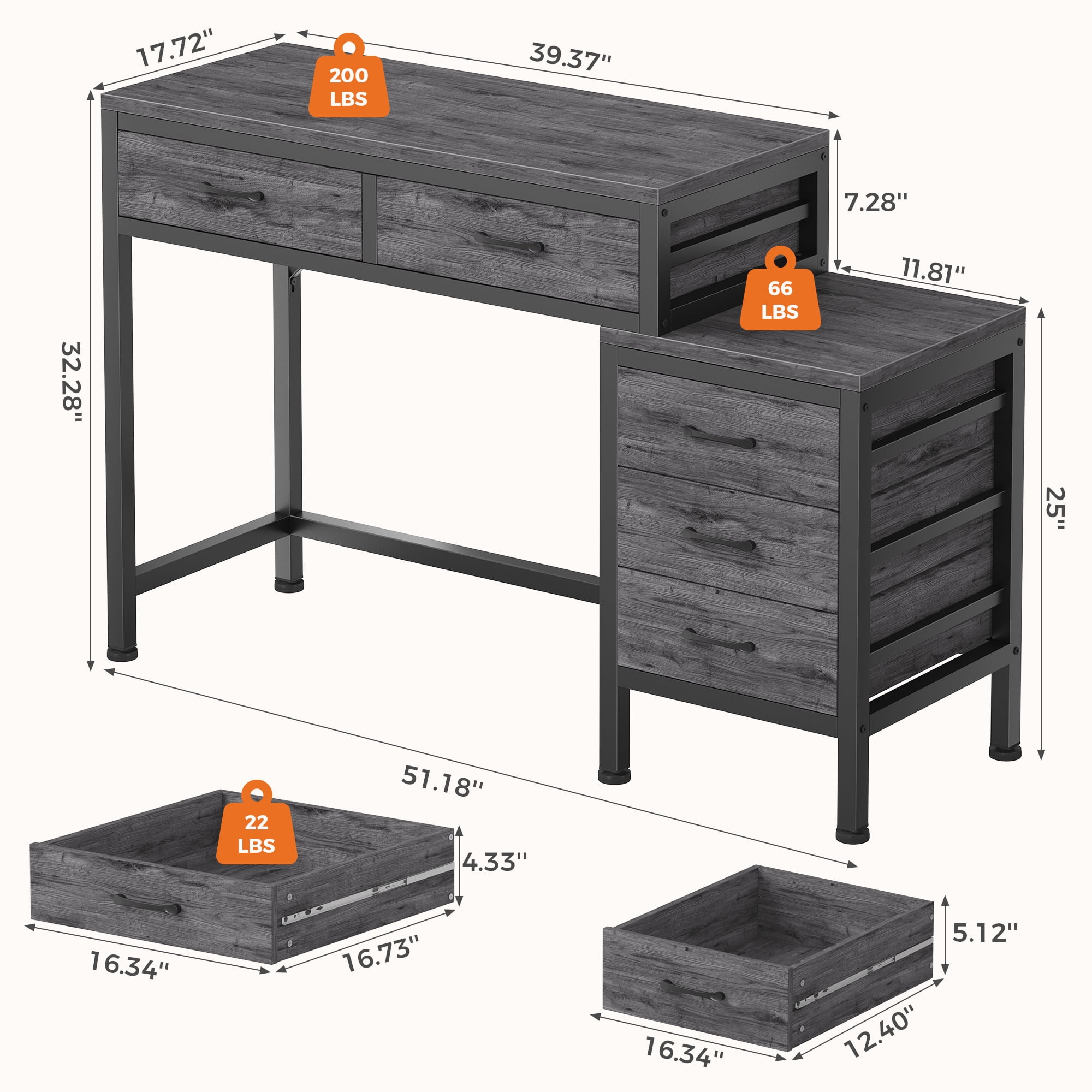 IULULU 51inch Computer Desk with 5 Drawers, Woodtop Desk of Small Spaces, Modern Style for Home Office, Gray