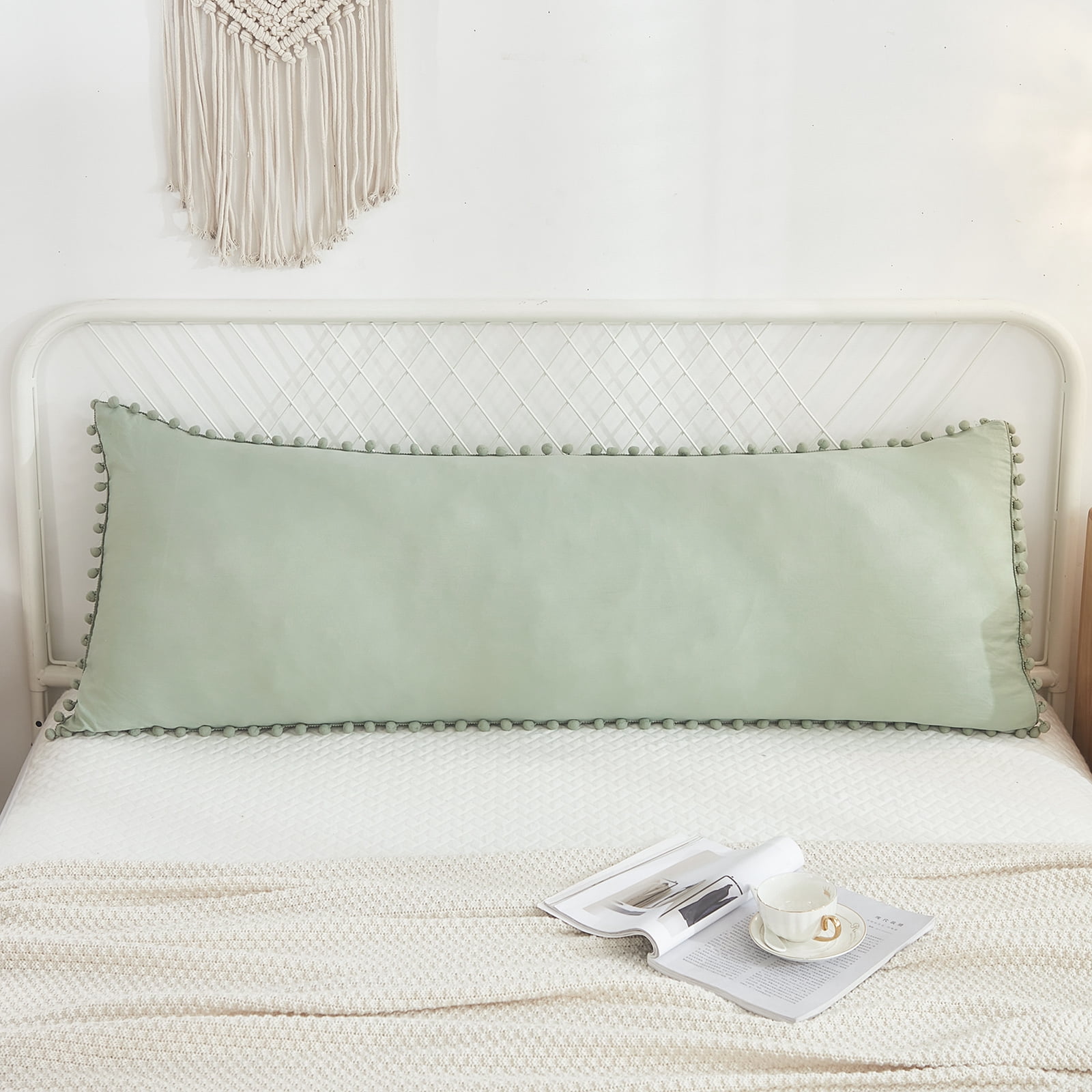 Move Over Sage Green Body Pillow Cover 20x54 inches Boho Chic Pom Poms Fringe Pattern Body Pillowcase 100% Washed Microfiber