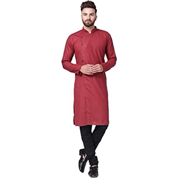 Royal Kurta Mens Cotton Angarakha Kurta Pyjama Set (40, Maroon-Black)