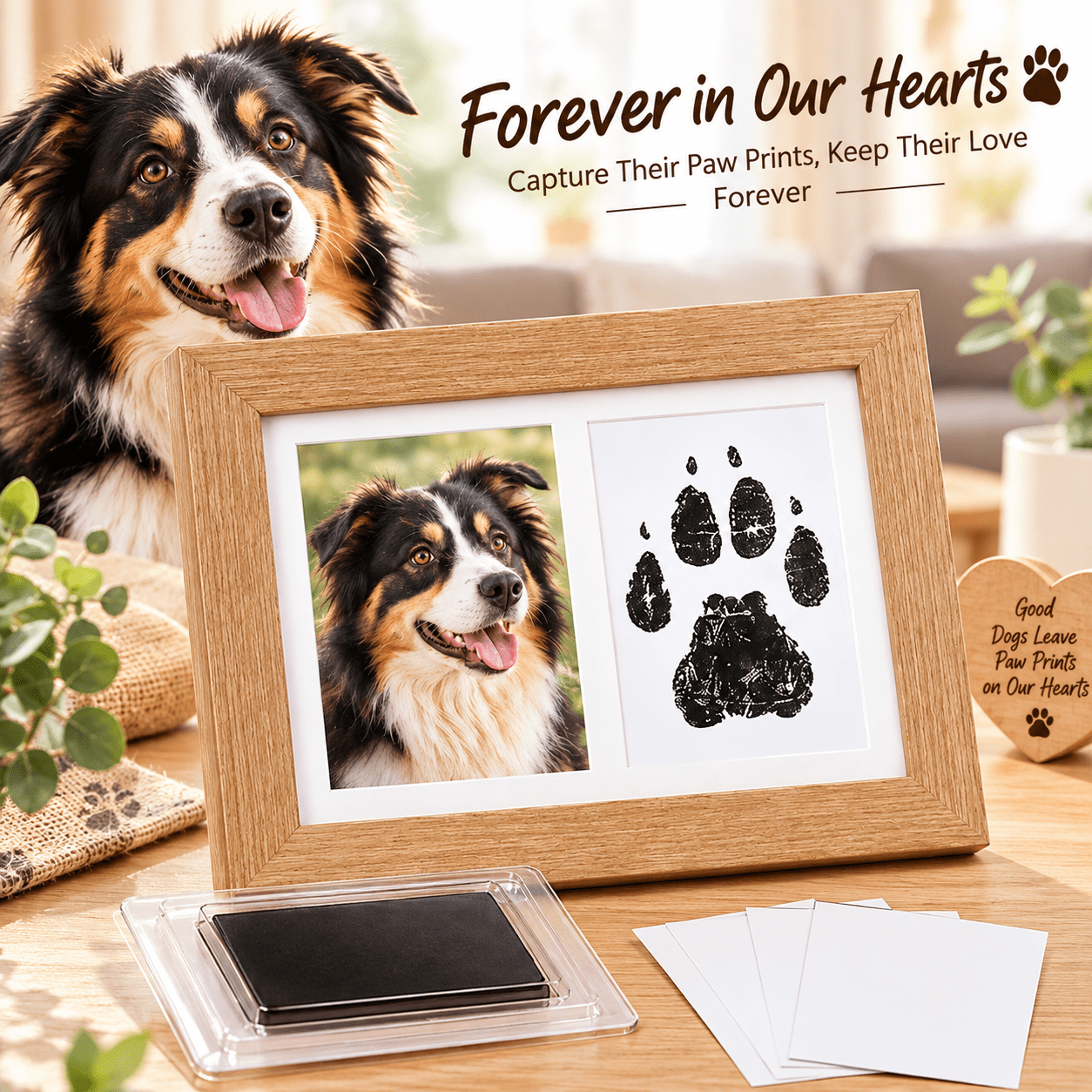 Paw Print Kit for Dogs, Cat or Dog Paw Print Kit, Pet Memorial Wooden Picture Frame for Personalized Gifts with Clean Touch Inkless Pad, Natural Wood