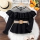 thumbnail image 4 of Gibobby Blusas De Manga Larga Para Niñas Niños pequeños niñas sólido Bowknot manga larga con volantes Patchwork malla sólido Tops blusa con trajes de cinturón （Negro， 9-10 Años), 4 of 5