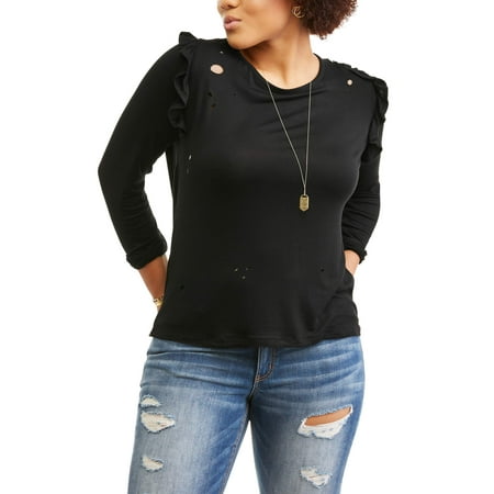 Juniors' Plus Distressed Ruffle Sleeve Top
