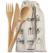 Wamery Bamboo Utensils Cutlery Set - 6 Knives, 6 Forks, 6 Spoons - Wooden Reusable Silverware for Eating, Picnic, Hiking, Travel - Compostable Wood Flatware - Dinnerware in a Portable Storage Pouch