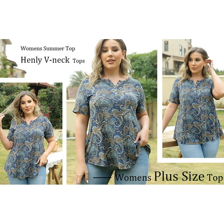 GingDin Women s Plus Size Tops Henley V Neck Button T Shirt Floral