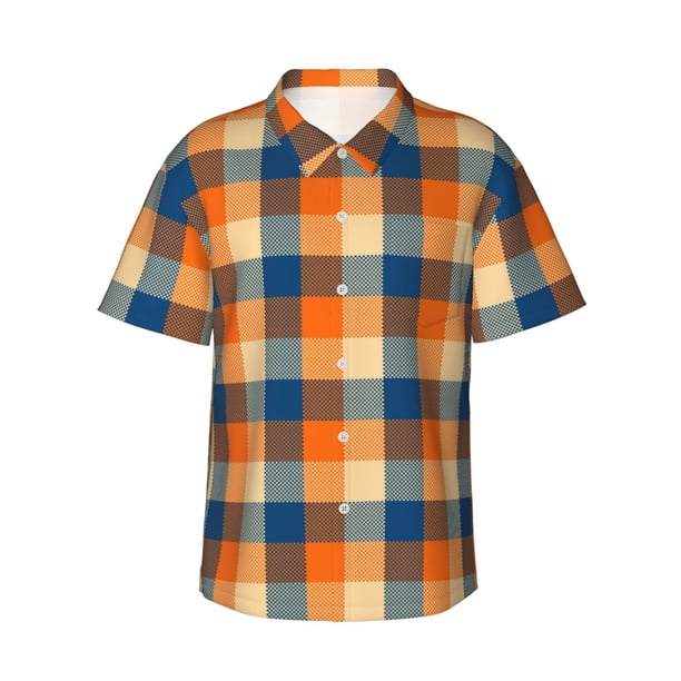 Balery Warm Orange Plaid Camisas hawaianas de manga corta para hombre, camisas playeras de corte holgado, camisas de vacaciones con botones,Medium