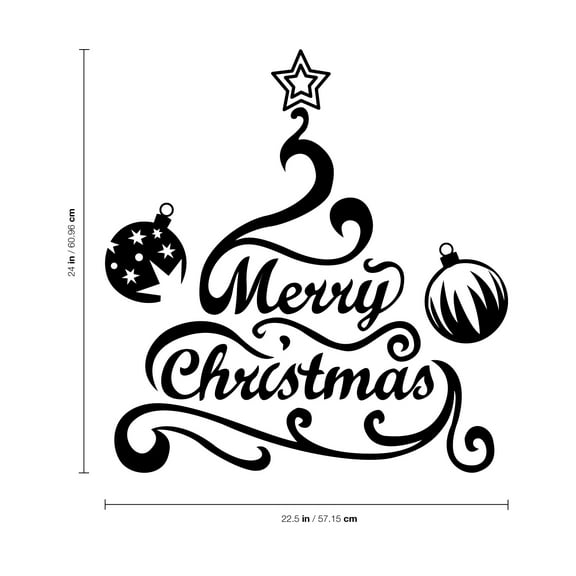 Vinyl Wall Art Decal - Merry Christmas Tree and Ornaments - 24" x 22.5" - Holiday Seasonal Sticker - Indoor Home Apartment Office Wall Door Window Bedroom Workplace Decor Decals (24" x 22.5"; Black)