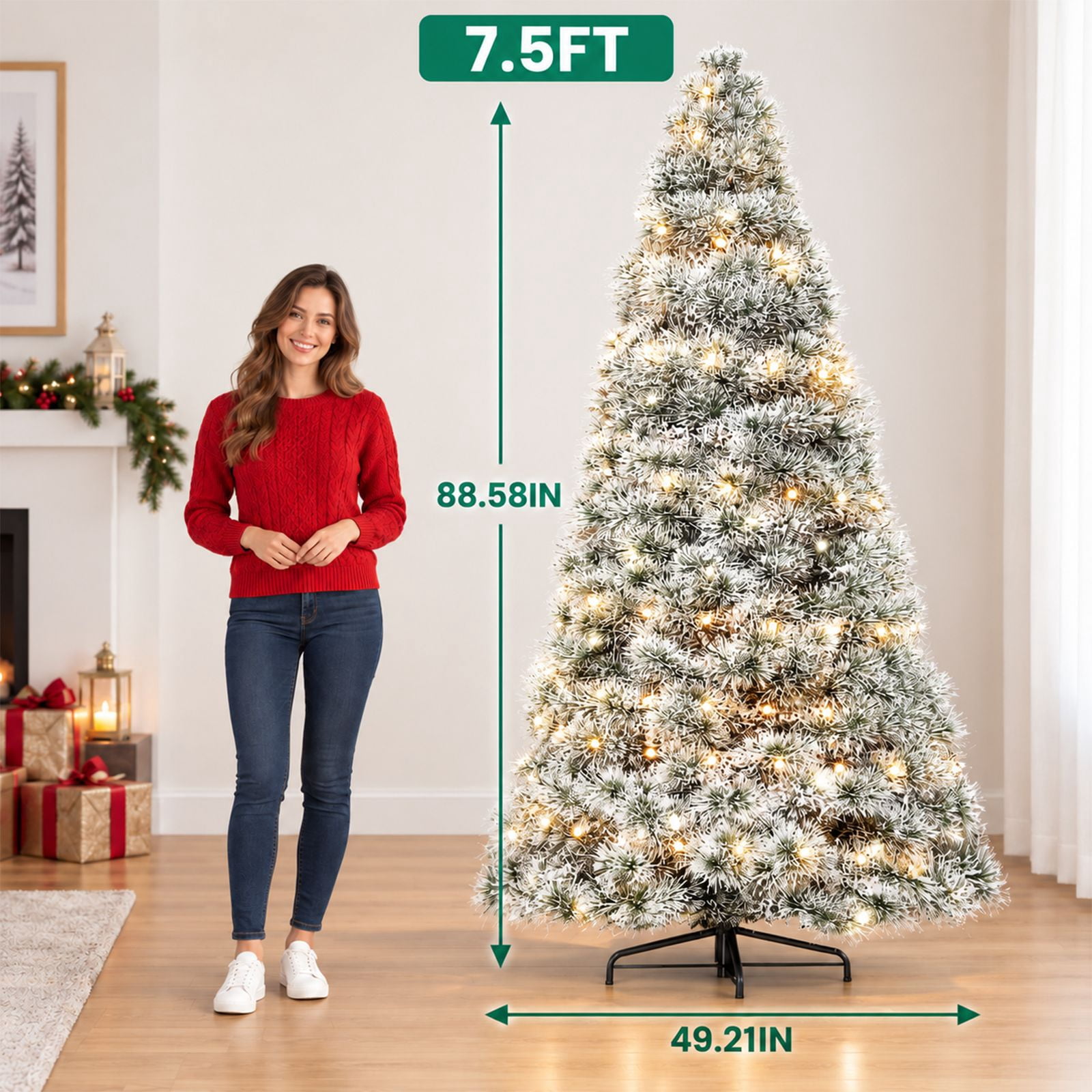 Alvantor Pre-Lit Christmas Tree, Flocking 7.5 FT Hinged Spruce, 450 LED Lights, 1100 Tips