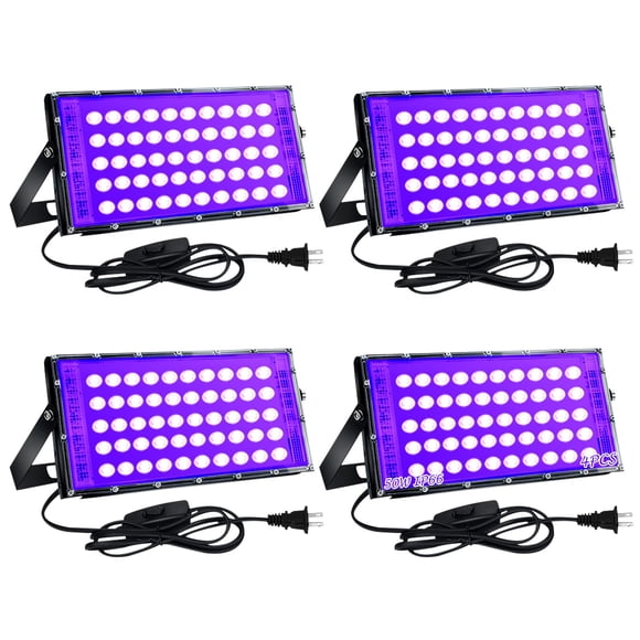 4 Pack 50W LED Luz Negra, UV Led Luz de Inundación, Luz UV Ultravioleta Lampara con Enchufe, Luz UV Negra Reflector 395-405nm para Fiesta, Halloween, Body Painting, Iluminación d