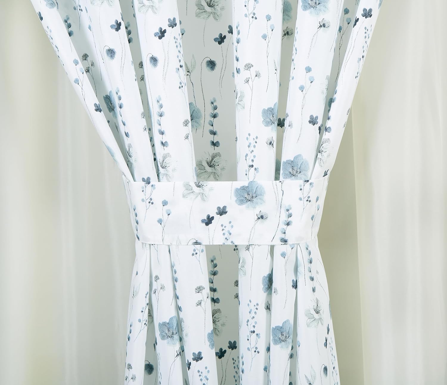 Chezmoi Collection 4-Piece Floral Window Curtain Set with Sheer Backing, Blue White Poppy Floral Printed Microfiber, 120 inch x 84 inch