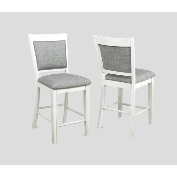 CoSoTower Farmhouse Style 2pc White & Gray Linen Counter Height Chair Bar Stool Footrest Wooden Furniture