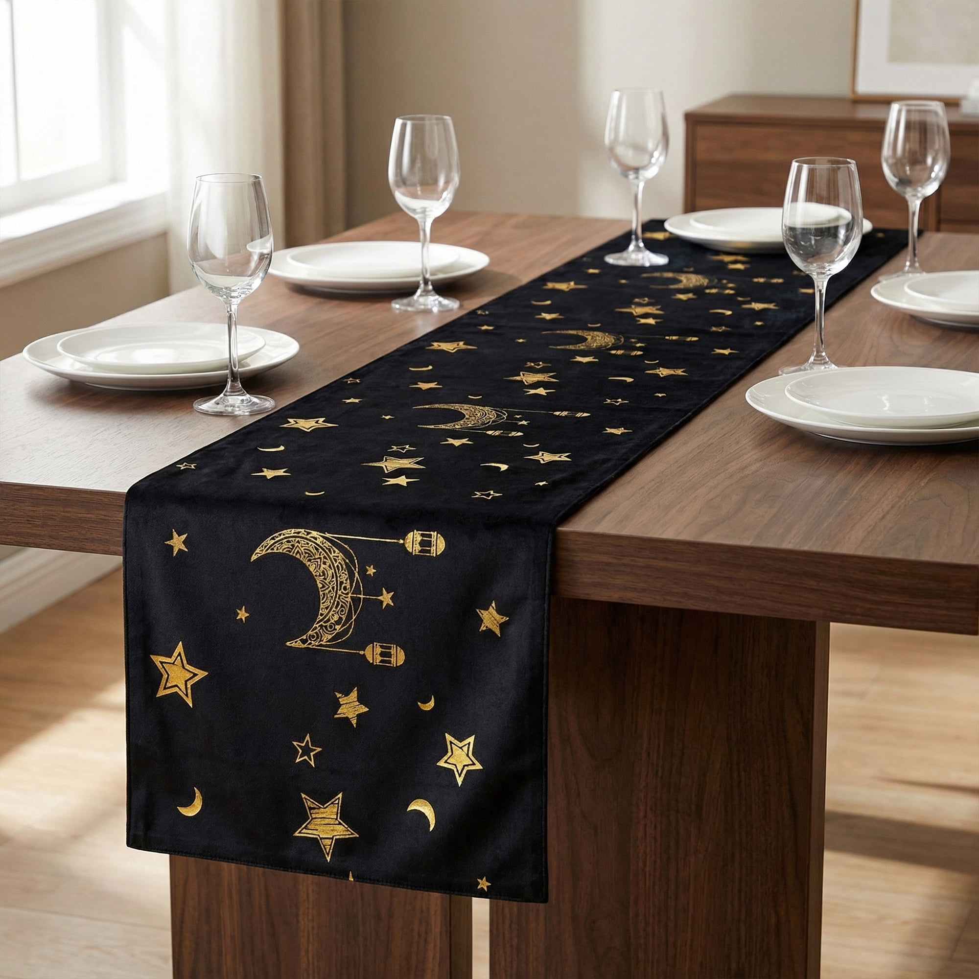 Unique Bargains Long Printed Polyester Table Runner for Decorations Black 13"x70.9"