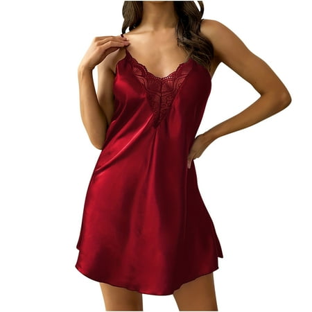 Women Soft Satin Nightgown Silk Nightdress Sexy Lace V Neck Lingerie Sleepwear Spaghetti Strap Short Negligee Chemise