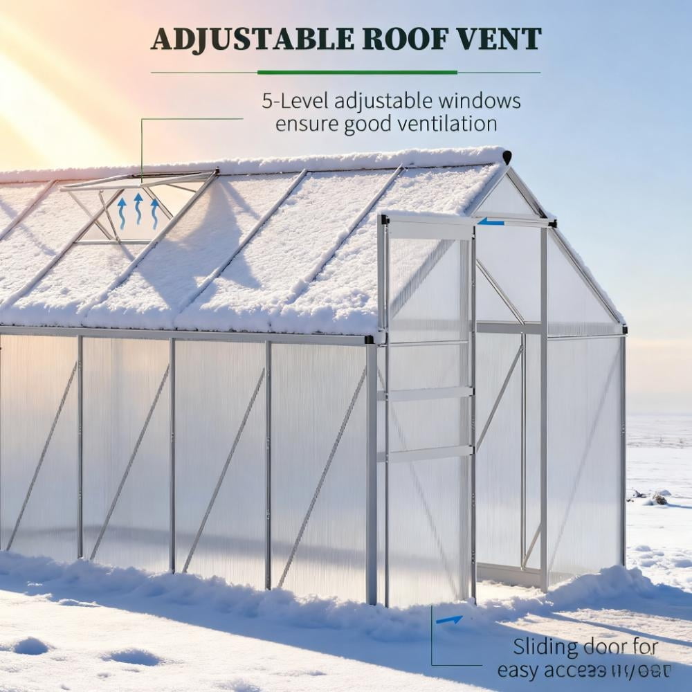 6x12 FT Greenhouse, Easy Assembly Polycarbonate Greenhouses with Adjustable Roof Vent, Large Aluminum Walk-in Greenhouse with Sliding Door, Silver