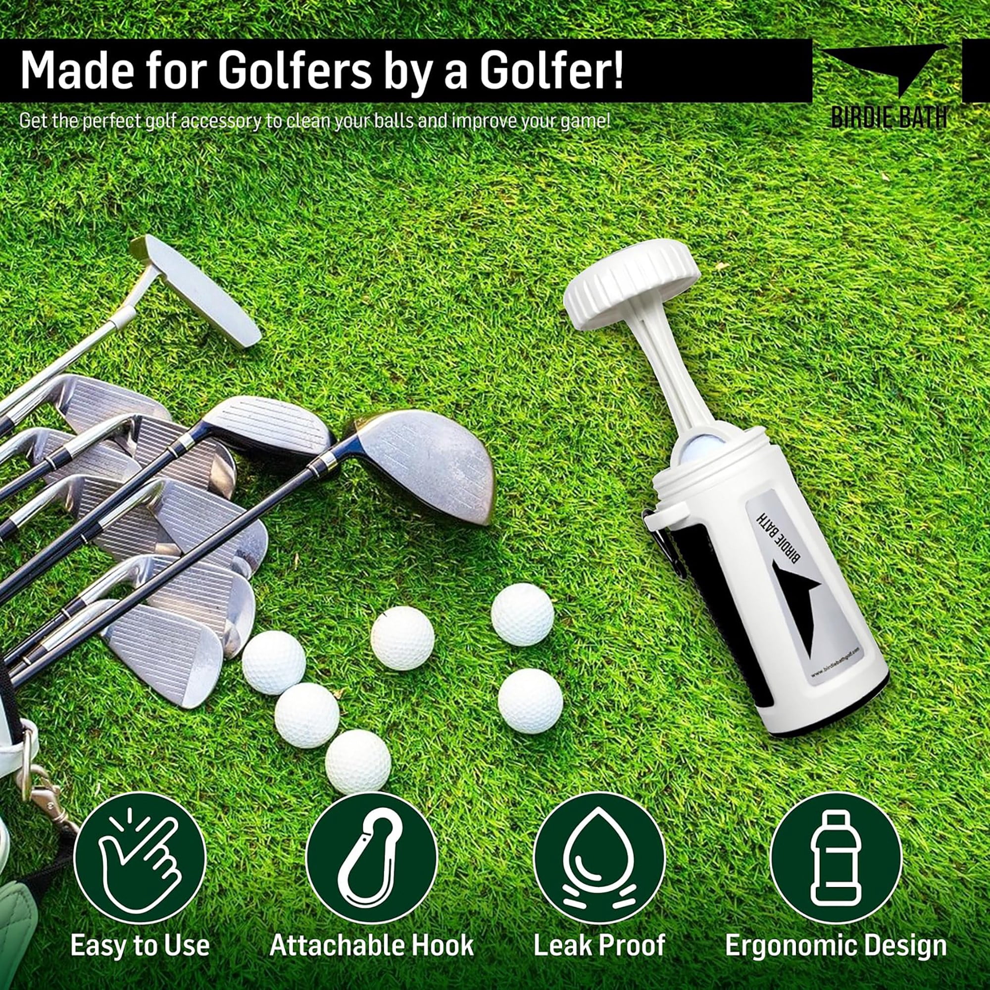 Birdie Golf: Birdie Bath - Golf Ball Washer, Personal Portable Water Cleaner, 7.65" x 3.75", Durable Bristles, Attachable Clip, Sports Accessory