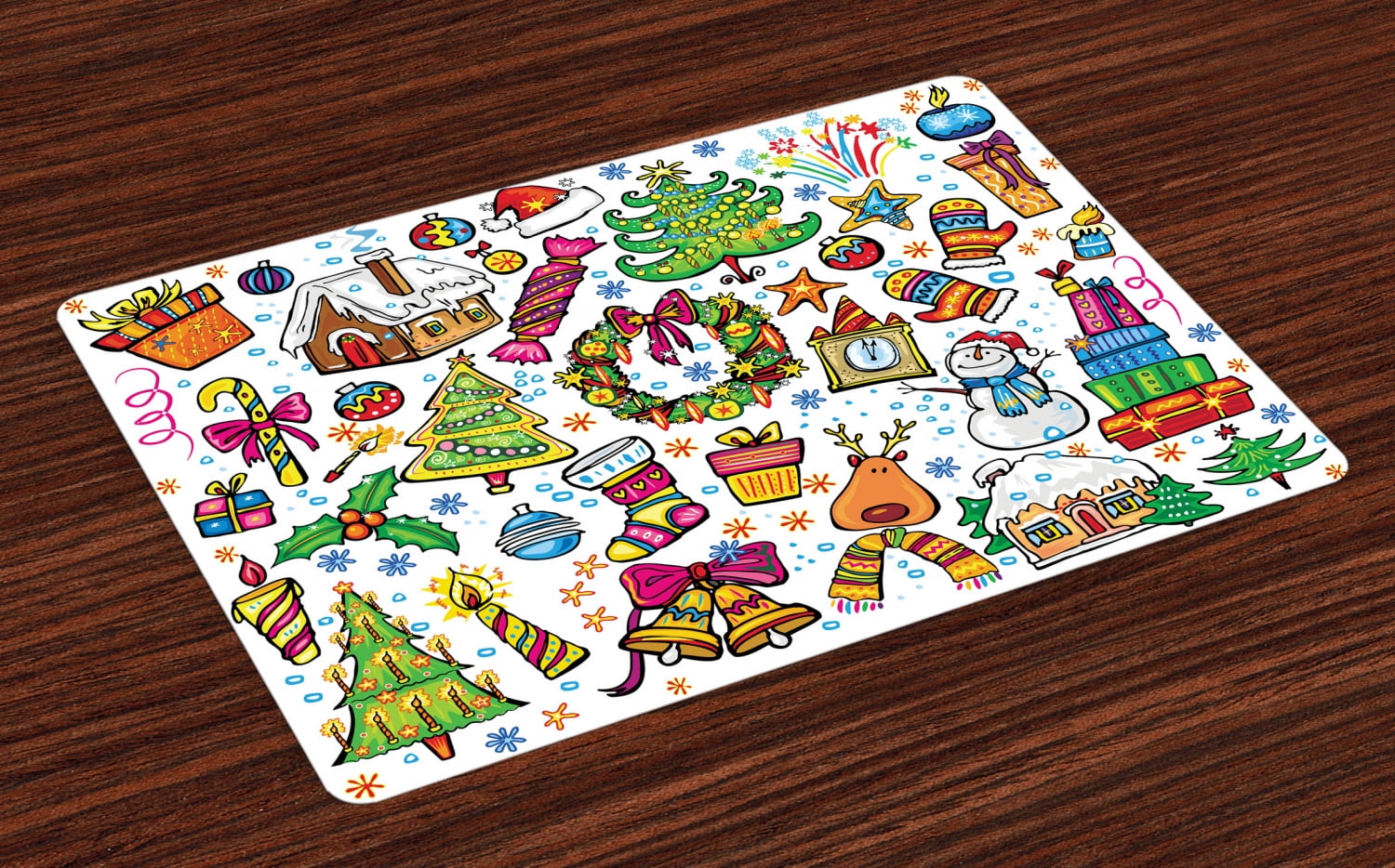 Christmas Placemats Set of 4 Cute Xmas Elements with Candies Snowman