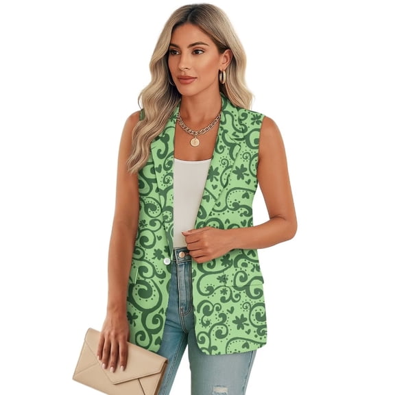 Psesaysky Women's Sleeveless Blazer Vest Green Boho Floral Print Open Front Casual Warm Suit Blazer V-Neck Lapel Outerwear Vests, Size 2XL