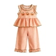 thumbnail image 3 of JAJAHO Toddler Baby Girl Halloween Clothes Sleeveless Ruffle Pumpkin Embroidery Plaid Tops Pants 2 Piece Set 6M-4Y, 3 of 9