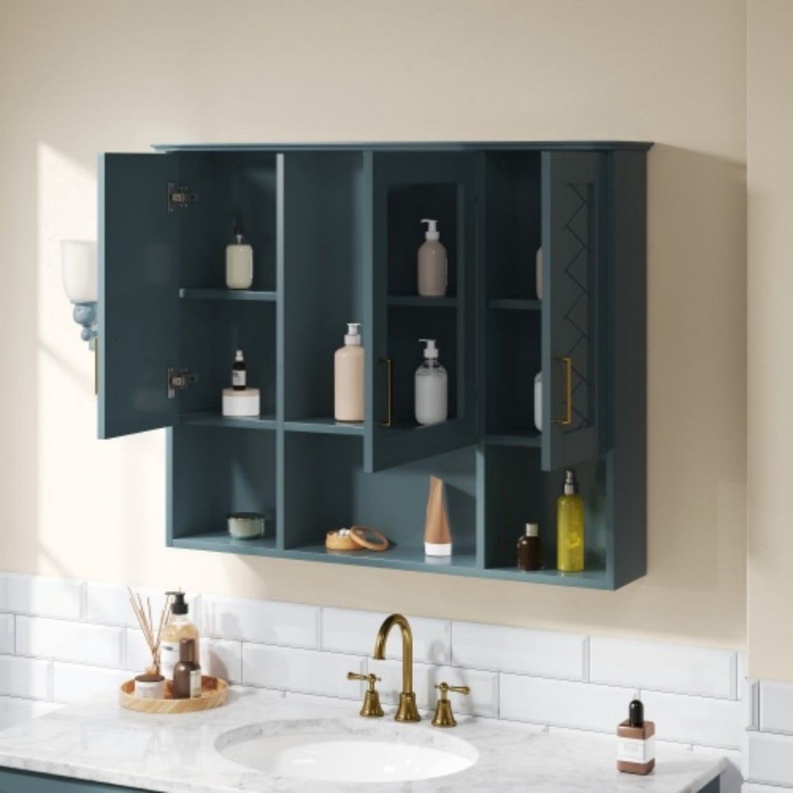 35" Wall Mounted Medicine Cabinet with Mirror, Bathroom Storage Cabinet with Adjustable Shelves, Soft Close Doors, Modern Mirror Cabinet for Vanity, Blue