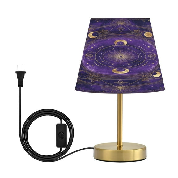 Modern Minimalist Cone Desk Lamp Antique Bronze Base & Linen Shade Bedside Table Lamp for Bedroom Living Room, Office, Dorm Purple Celestial Pattern Medium