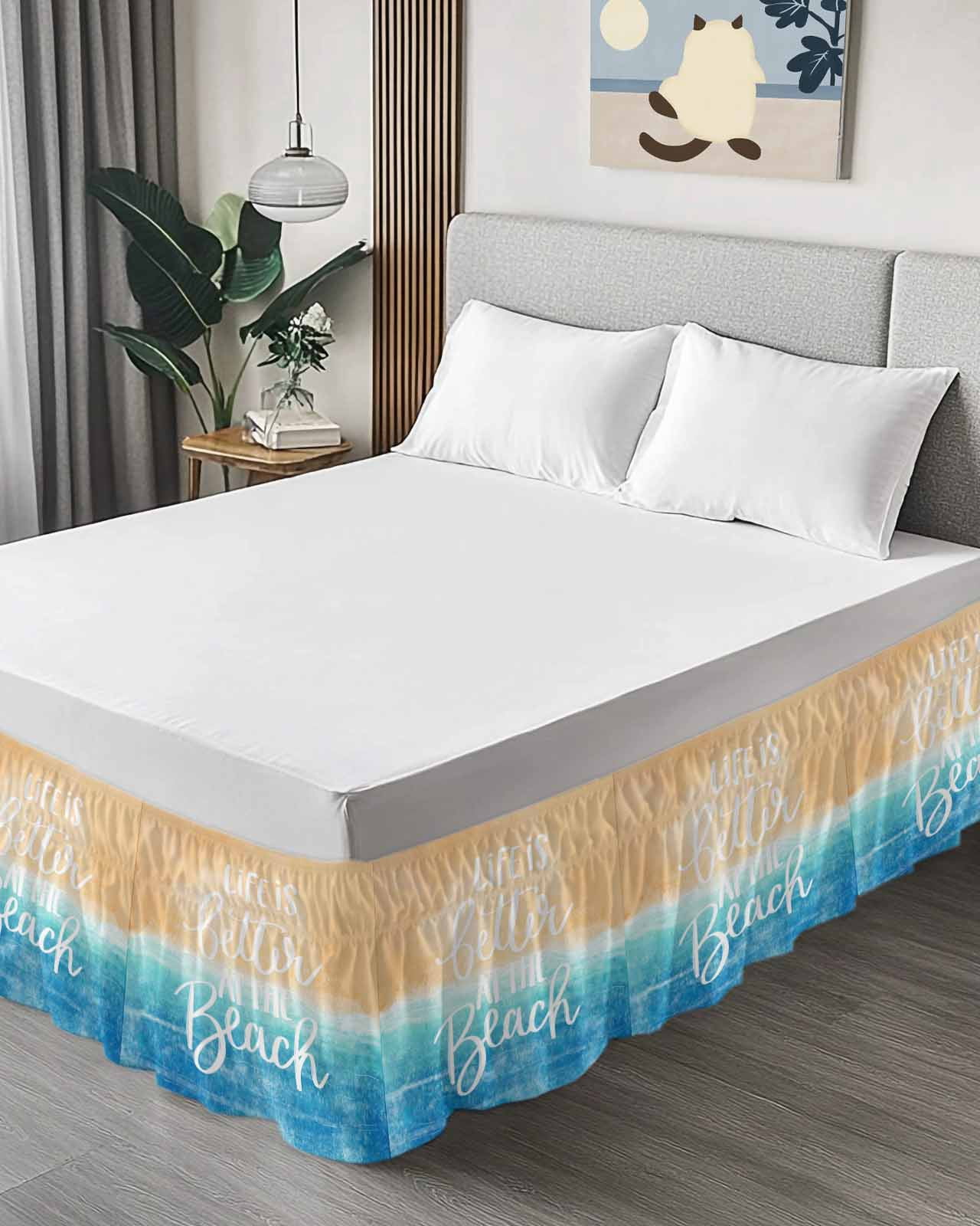 Blue Coastal Wrap Around Bed Skirts for Queen Bed 16" Drop, Bed Skirt with Adjustable Elastic Belt Dust Ruffle Bed Valance for Bedroom Hotel Luxury Life Is Better At The Beach Beach Bed Frame Cover