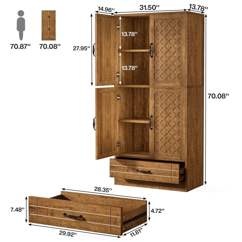 Tribesigns 70" Kitchen Pantry with Drawer, Farmhouse Wood Pantry Storage Cabinet with Doors, Shelves for Kitchen, Dining Room