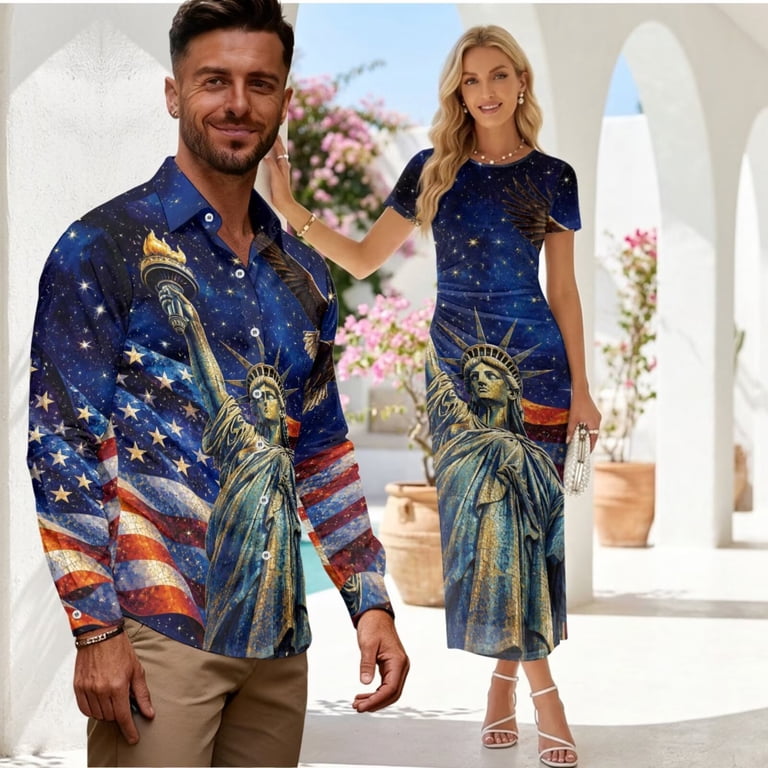 4th of july bodycon dress Chririnla 250Years Flag Couple Matching Outfit Patriotic Shirts and Dress  for His Her 4th of July Anniversary Clothes,Mens Long Sleeve Shirt,Womens