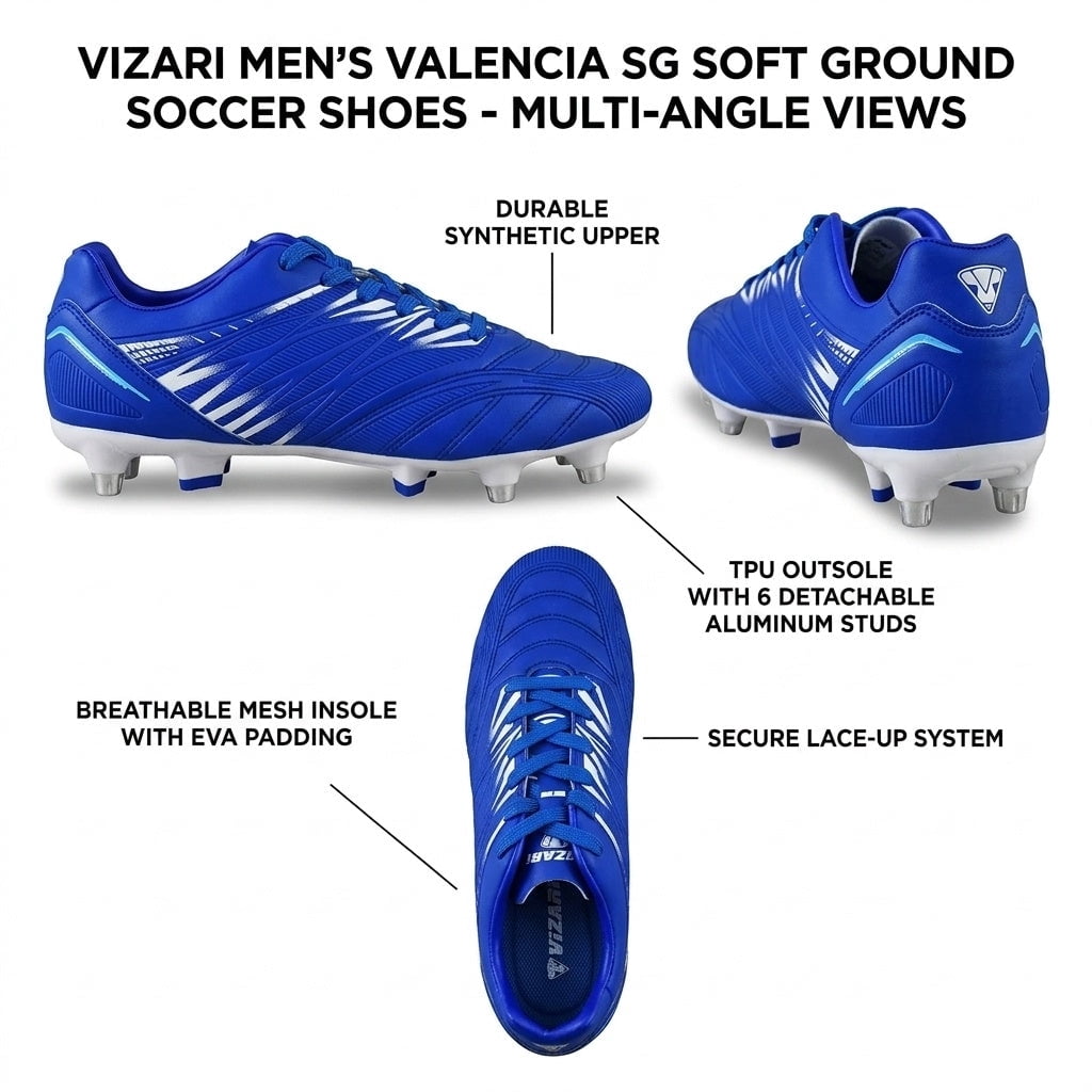 Vizari Men's Valencia SG Soft Ground Soccer Shoes/Cleats for Soft or Wet Playing Surfaces and Fields (Royal Blue, 7)