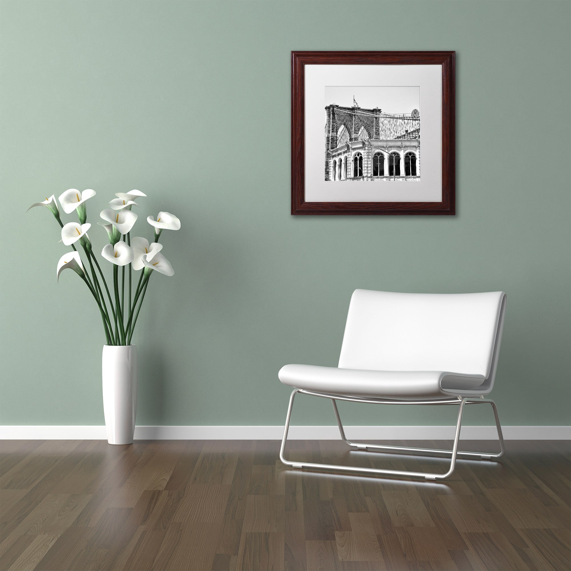 Trademark Fine Art "Brooklyn Bridge 1" Canvas Art by CATeyes, White Matte, Wood Frame