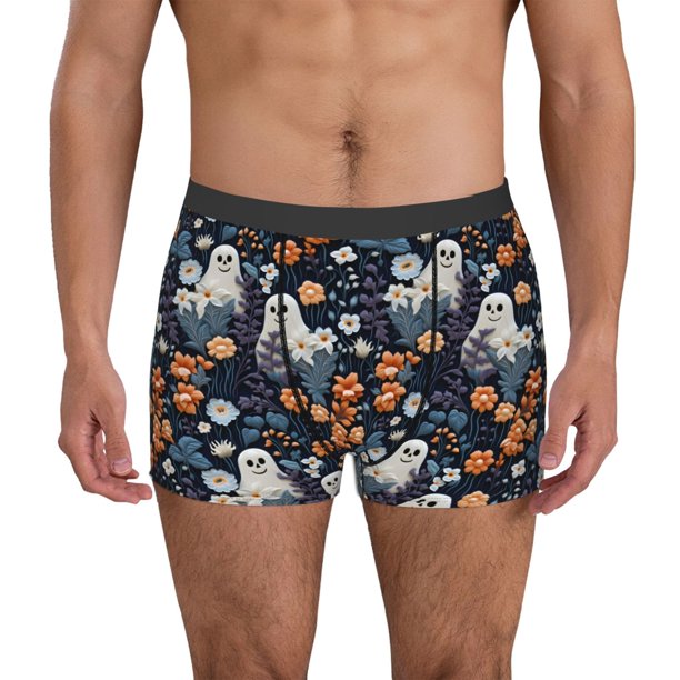 Balery Cute ghost in the flowers Calzoncillos bóxer para hombre, ropa interior de algodón suave y transpirable con cinturilla de nailon-Medium