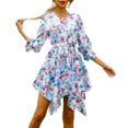thumbnail image 1 of Vestido floral de mujer Irregular Media manga con cuello en V Cintura con cinturón Mini vestido info Abanopi Azul/XX-grande, 1 of 7