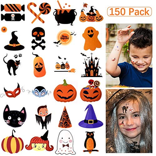 Temporary Tattoos Kids, 150 Assorted Halloween Tattoo Waterproof Cute