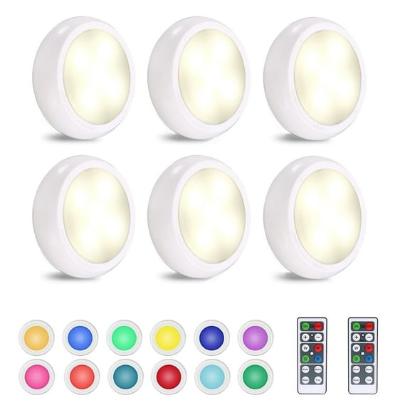 BN-LINK 6 Pack LED Cabinet Lights with Remote, Battery Operated Wireless Puck Lights, 3 Colors & 4 Brightness Levels, Tap Push Night Lights for Closet, Bedroom & Kitchen, White
