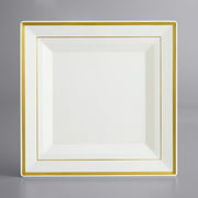 Gold Visions 10" Bone / Ivory Plastic Square Plate with Gold Bands - 120/Case