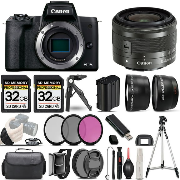 Canon EOS M50 Mark II Mirrorless Camera (Black)  15-45mm f/3.5-6.3 IS STM Lens (Graphite)  3 PC Filter  64GB (International Version)