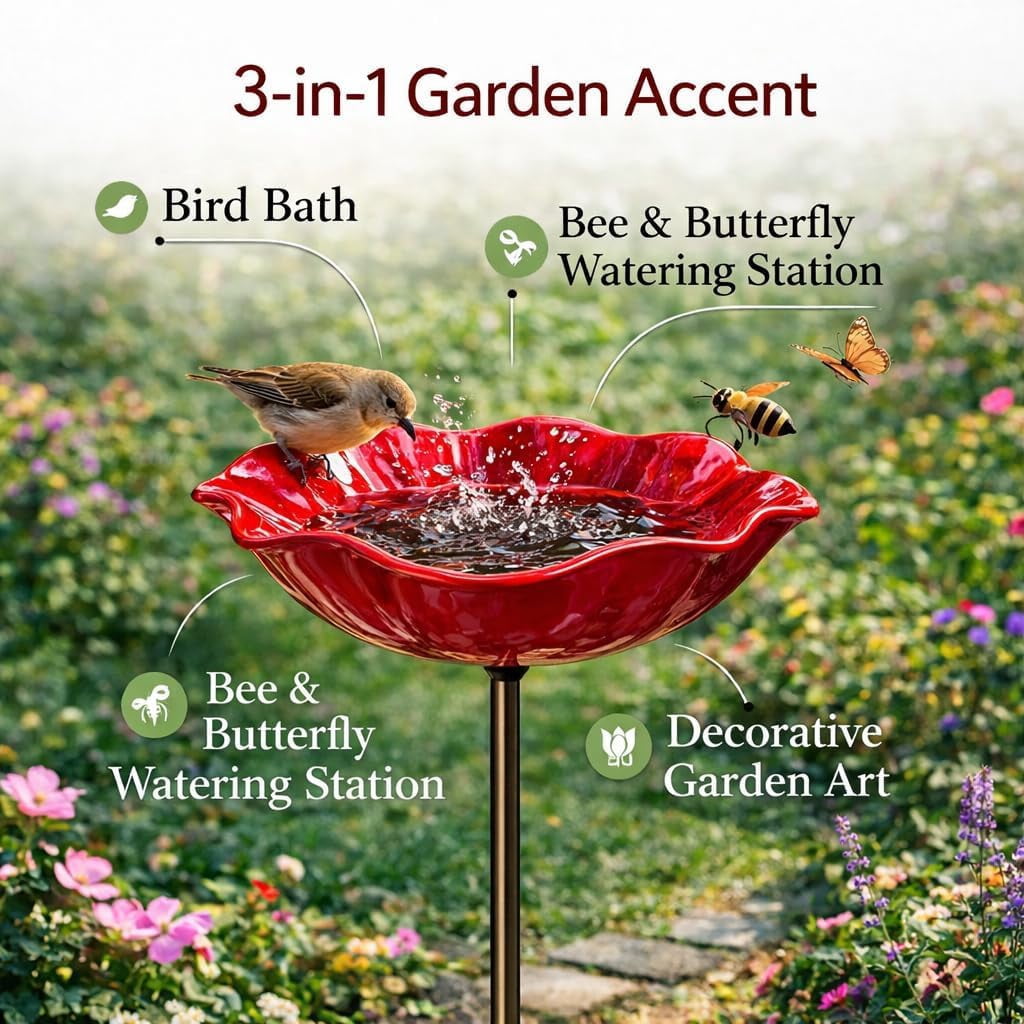 Handmade Metal Flower Garden Stake, with Bee Bath & Bird Water Bowl Decorative Outdoor Yard Art, Butterfly & Pollinator Watering Station, Weather-Resistant Decor Gift