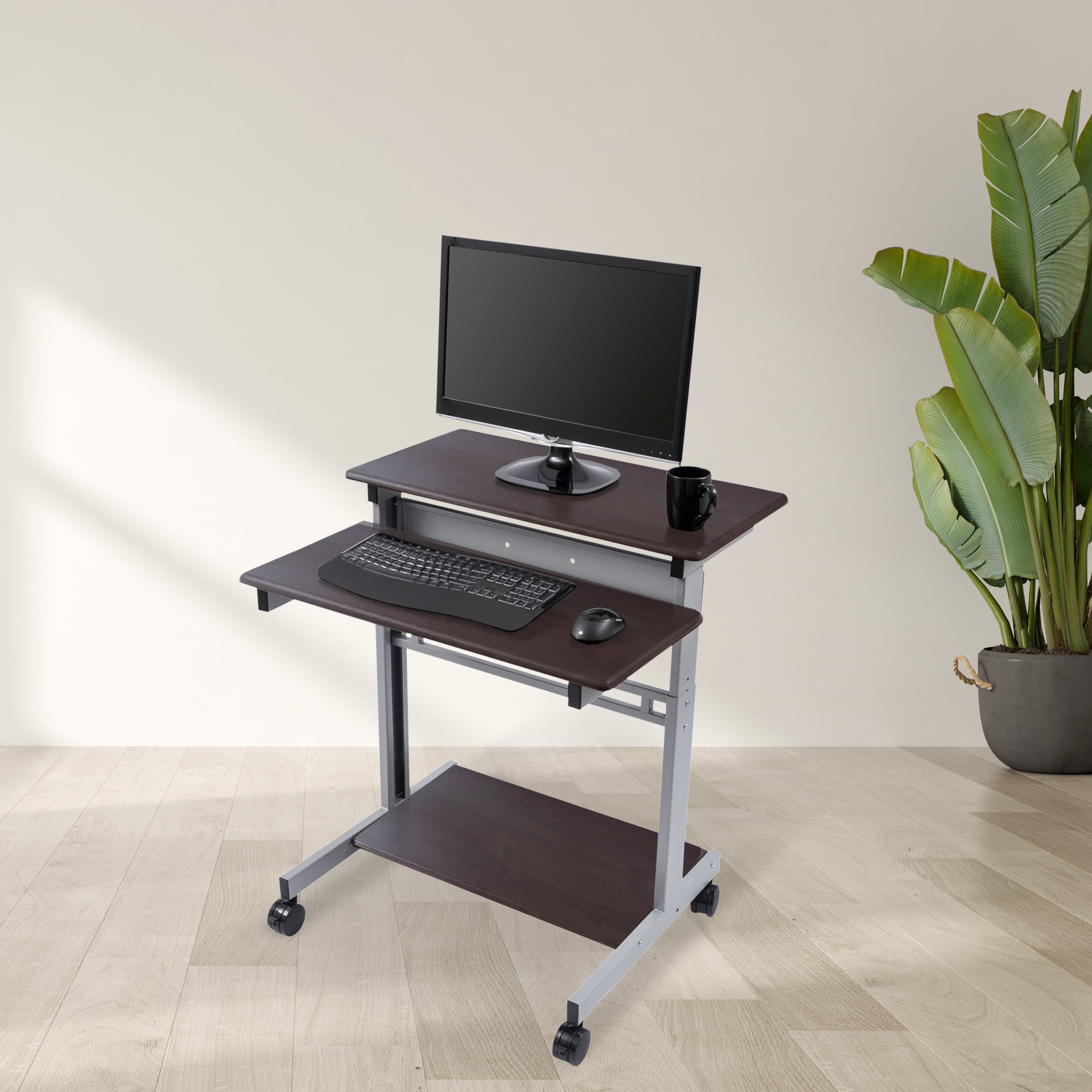 Stand Up Desk Store Rolling Adjustable Height Two Tier Standing Desk Computer Workstation (Silver Frame and Dark Walnut Top, 32
