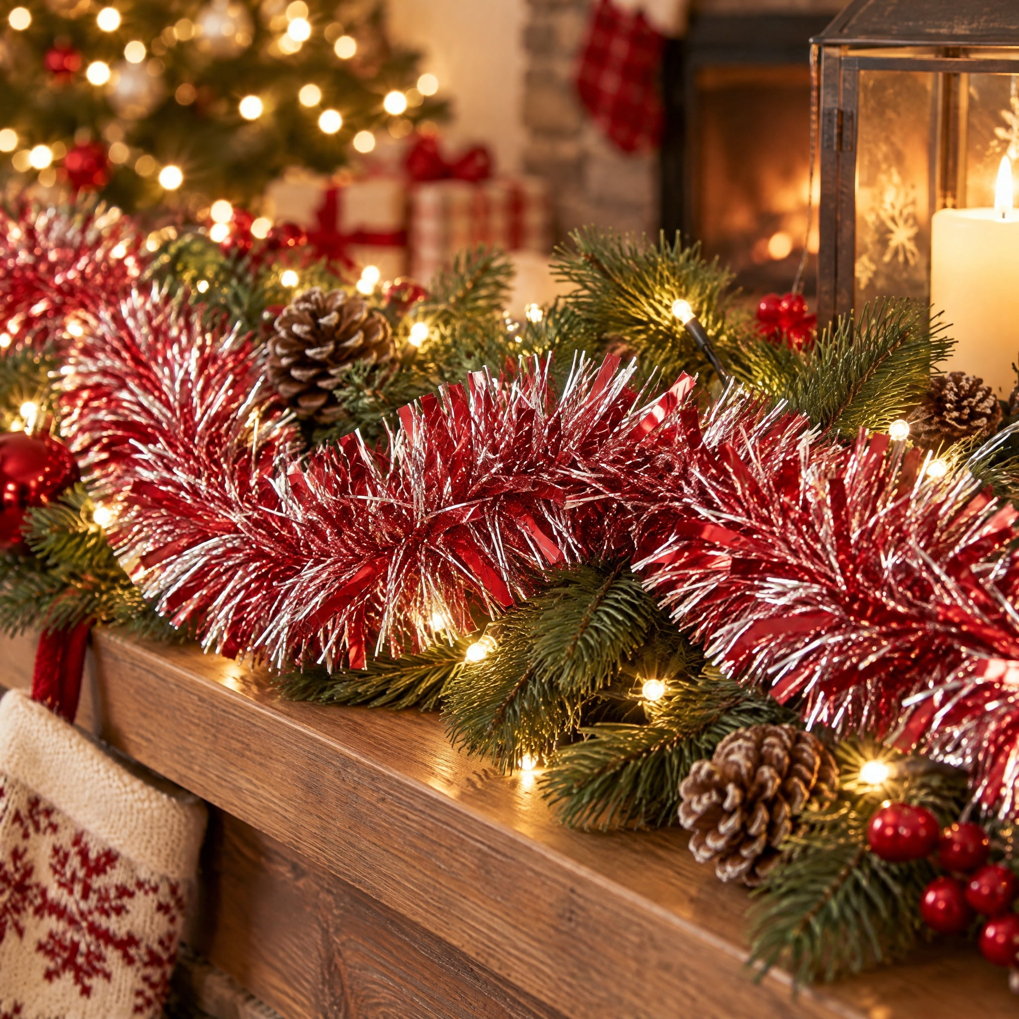 Tinsel Christmas Garland, Red and Silver, 12', by Holiday Time
