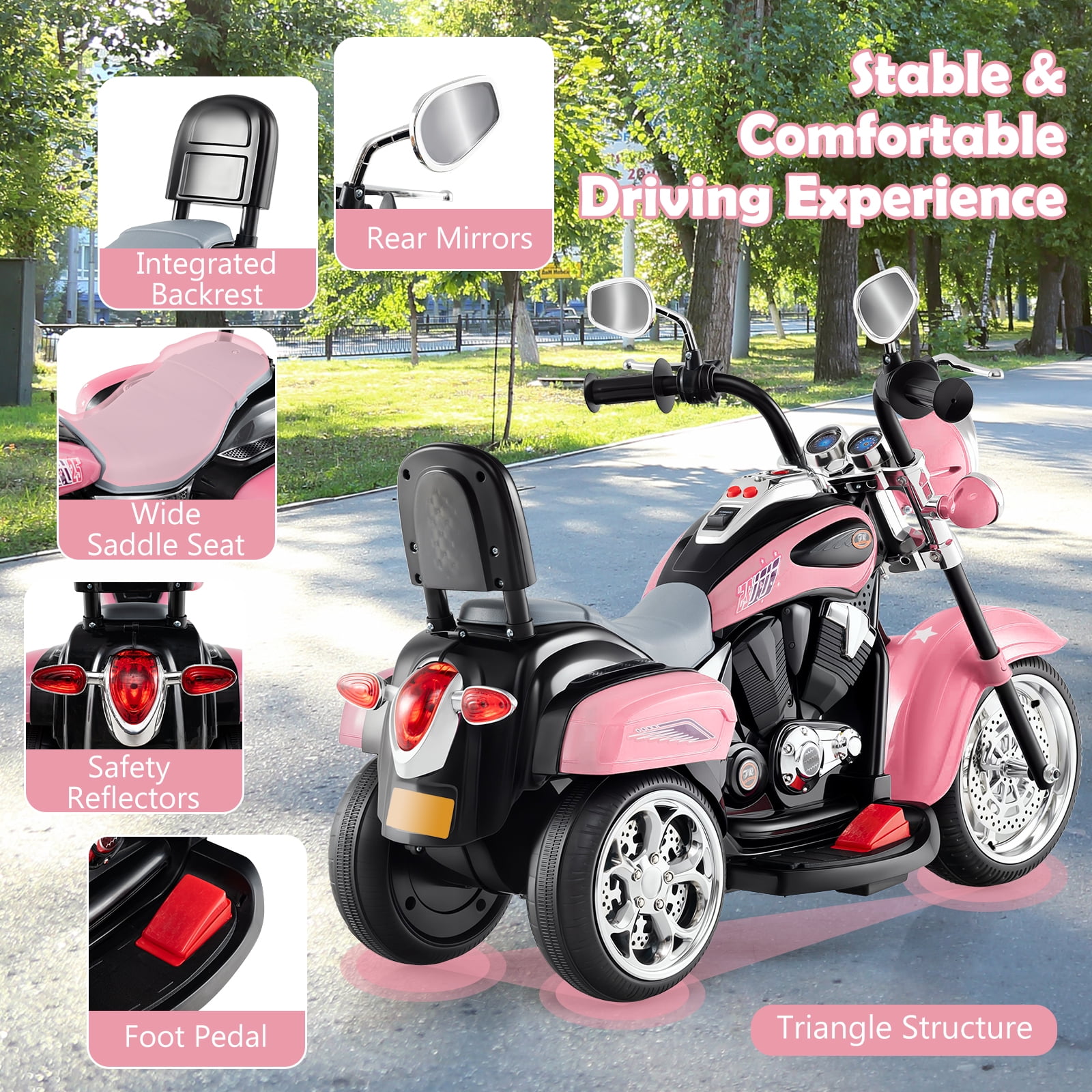 Costway 6V Kids Ride on Chopper Motorcycle 3 Wheel Trike with Headlight and Horn Racing Pink