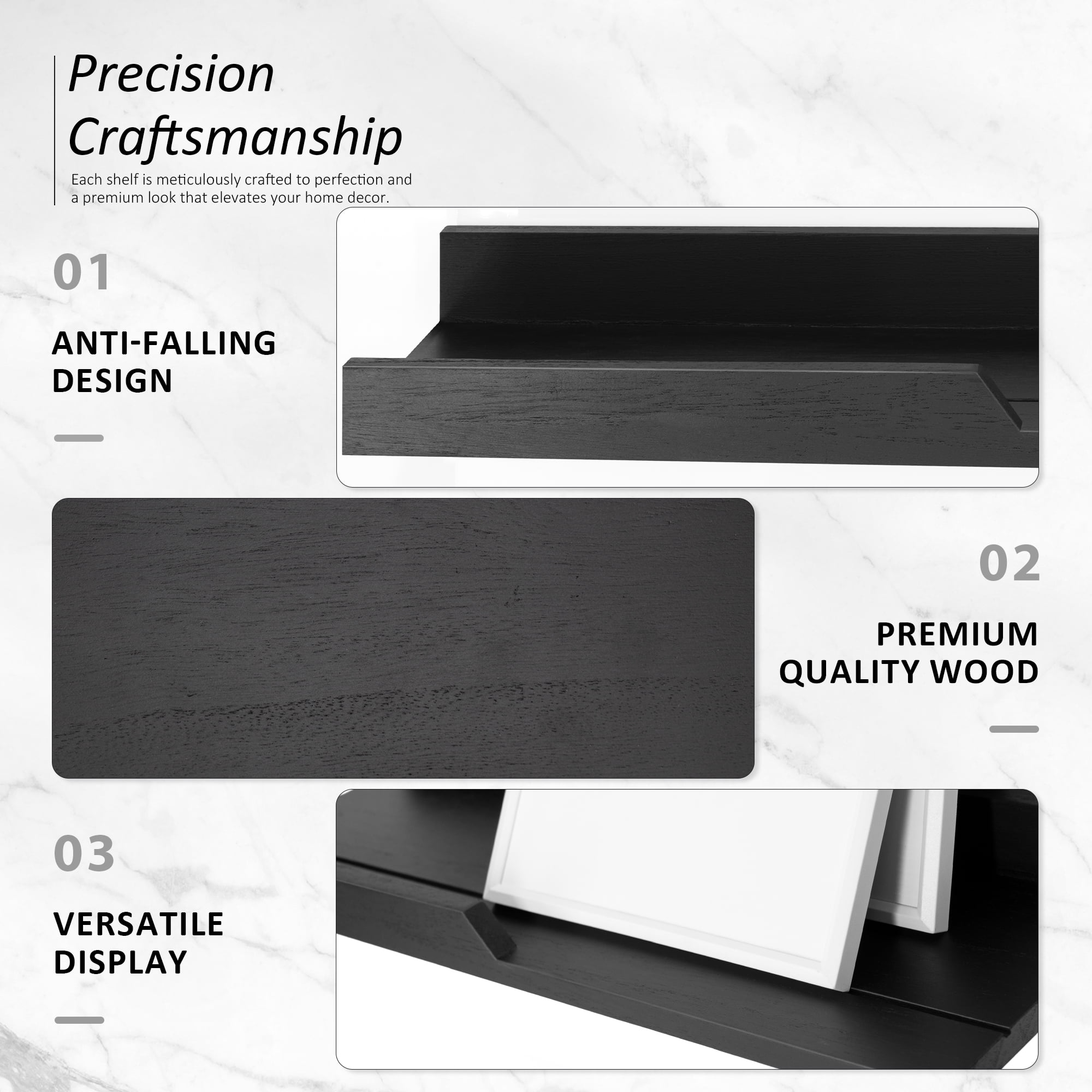Rebee Vision Modern Floating Shelves Set of 3 : Farmhouse Wall Mounted Bedroom Decor Aesthetic for Multifunctional Storage and Rustic Small Shelf for Apartment Essentials (Stylish Black)