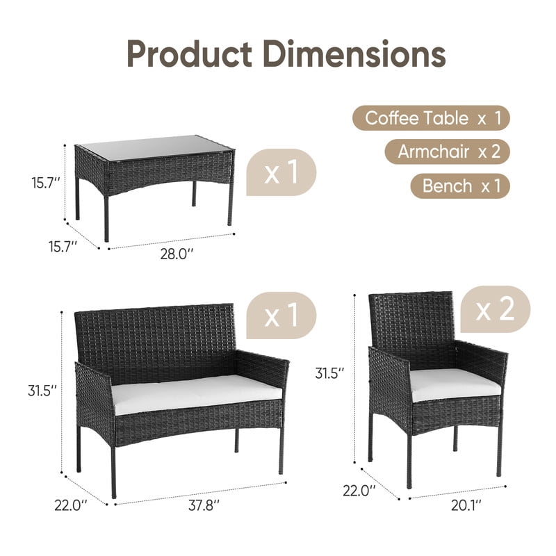 Gianna 4-Piece Patio Furniture Set, Outdoor Wicker Rattan Chairs with Removable Cushion & Glass Table, Conversation Furniture for Porch, Garden, Backyard, Poolside - Black(new style)
