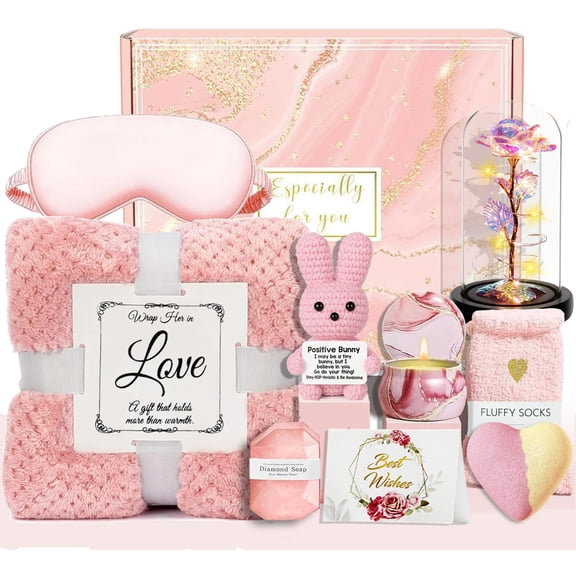 Womens Day Gifts for Her Women Wife Mom Girlfriend Daughter Relaxing Spa Care Package With Luxury Flannel Blanket, Light-Up Rose Flower - Unique Self Care Gift Basket for Mom, Wife, Friends