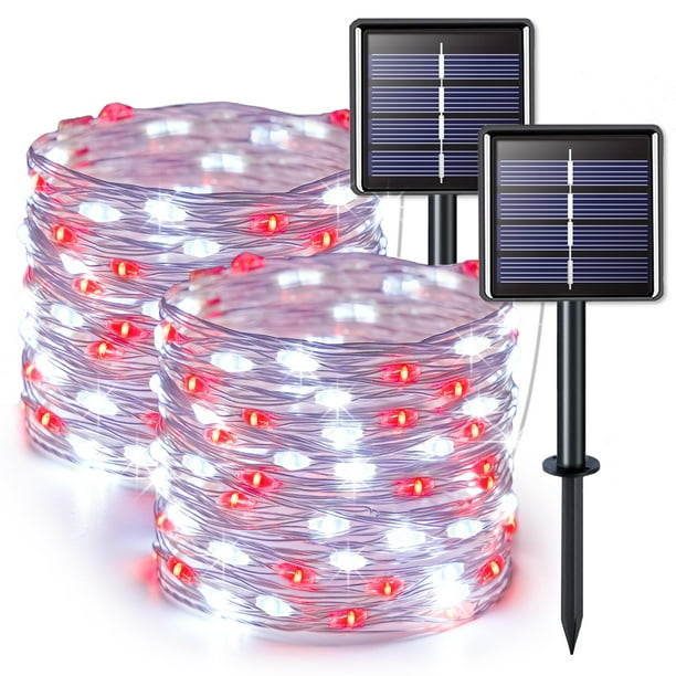 Guirnalda de luces solares JMEXSUSS, 100 LED, rojo/blanco, 33 pies, paquete de 2