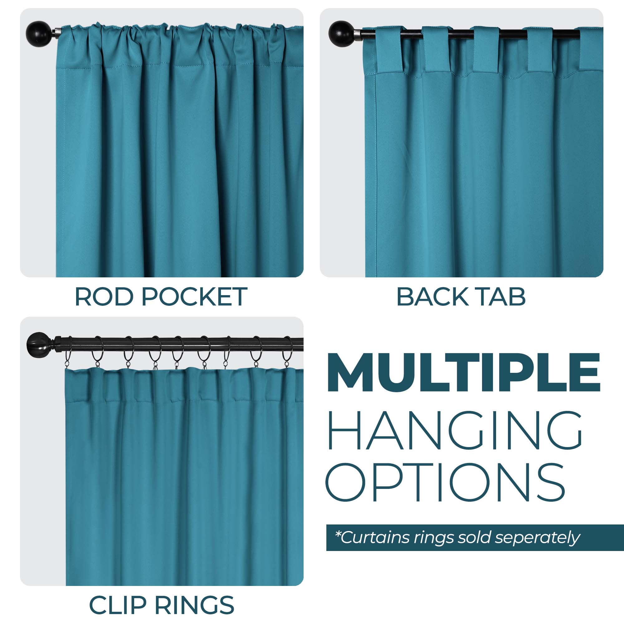 Superior Blackout Solid Light Filtering Back Tab Curtain Panel Set, 52" x 108", Aqua