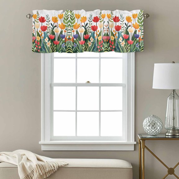 Curtain Valances for Kitchen Windows,Spring Watercolor Garden Flower Rod Pocket Valances Short Curtains Rustic Floral Leaves Plant Window Treatment for Living Room Bathroom Bedroom Decor,54x18in