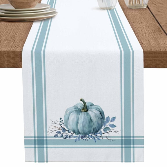 nqOlkjepod Fall Table Runner 72 Inches Long Farmhouse Dress Scarves, Blue Pumpkin Thanksgiving Autumn Stripe Leaf Dining Tablerunner for Coffee Table/Kitchen Island/Party Décor, 13" x 72"