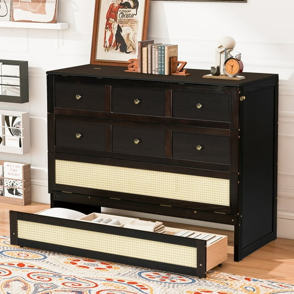 Full Size Murphy Bed with Large Storage Drawers, Space Saving Wall Bed Cabinet with Rattan Design, Foldable Bed for Small Spaces, Espresso